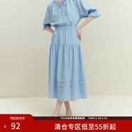 范思藍恩23FS12194法式藍色襯衫套裝女夏七分袖V領(lǐng)上衣裙子兩件套 藍色（半裙） S