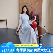 芃婷2025春夏新款仙雪紡拼接蕾絲開(kāi)衩法式修身顯瘦高腰連衣裙長(cháng)裙女 淺藍色 S 建議85-95斤