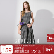 三彩2025夏季新款一字領(lǐng)格紋連衣裙無(wú)袖大擺長(cháng)裙A字裙復古M