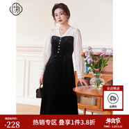 固執（OBSTINATE）【特價(jià)】秋夏新款v領(lǐng)蕾絲長(cháng)袖拼接絲絨中長(cháng)連衣裙00031LQ07798 黑色 S 160/80A