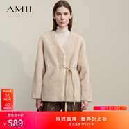 AMII女裝【輕奢風(fēng)】2025冬季新款V領(lǐng)PU皮綁帶仿貂毛外套溫暖毛絨外套 米色 均碼 160/84A/M