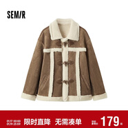 森馬（Semir）外套女牛角扣翻領(lǐng)寬松文藝2024冬季仿麂皮仿兔毛夾克109724108011