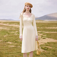 秋水伊人法式優(yōu)雅方領(lǐng)針織連衣裙2025年冬季新款女裝溫柔氣質(zhì)裙 米白 S