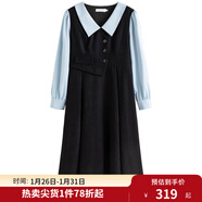 獨束大碼女裝假兩件撞色襯衫領(lǐng)連衣裙女秋冬微胖mm文藝復古穿搭裙子 墨染黑【適合160左右】 XL