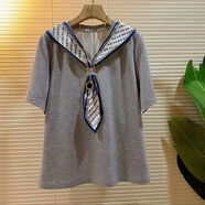 韓版加碼女裝絲巾披肩領(lǐng)短袖小衫胖妹妹氣質(zhì)2025春秋款百搭上衣 淺灰色 3XL 3XL建議120150斤