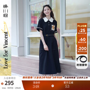 兩三事梵高文藝 梵花遺夢(mèng) 2025夏季新款印花布拼接撞色翻領(lǐng)連衣裙 黑色  L 