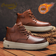 鱷魚(yú)恤馬丁靴男冬季加絨棉鞋中幫英倫風(fēng)皮靴耐磨防滑防寒真皮男靴雪地靴 酒紅 38