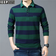 吉普（JEEP）春秋長(zhǎng)袖T恤男商務(wù)休閑全棉男裝翻領(lǐng)條紋POLO領(lǐng)衫長(zhǎng)袖t體恤男 PS5198墨綠 L