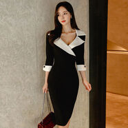 2020春裝新款韓版OL職業(yè)西裝領(lǐng)拼色修身中長(cháng)版女人味包臀連衣裙潮 黑色 S S