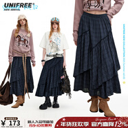 UNIFREE夏款文藝感簡(jiǎn)約百搭不規則裙擺復古格紋長(cháng)款半身裙 藍色 均碼