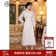 固執（OBSTINATE）【特價(jià)】秋季新款中國風(fēng)釘珠立領(lǐng)長(cháng)袖蕾絲中長(cháng)連衣裙10833LQ08255 米白色 S