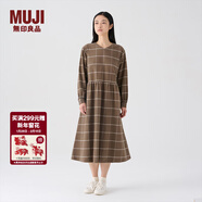 MUJI女式法蘭絨抽褶連衣裙女裝長(cháng)袖打底裙子純棉秋冬季BC08CC4A 淺米色格紋 M (160/84A)