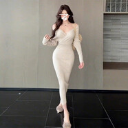 漢卿中夏2025新款御姐風(fēng)V領(lǐng)包臀連衣裙 粉紅長(cháng)袖針織裙 秋季日系甜美洋裝 杏色 (絕美大方得體/氣質(zhì)輕奢冬天配大衣內搭打底 S (40) 45kg