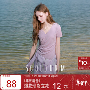 三彩2025秋季新款V領(lǐng)短袖T恤套頭上衣不規則設計感修身百搭M