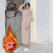 秋冬加絨加厚毛衣女長(cháng)款高領(lǐng)修身包臀過(guò)膝打底長(cháng)裙風(fēng)衣內搭連衣裙 杏色半高領(lǐng)加絨加厚 S S