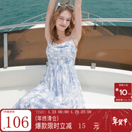 三彩2025夏季新款碎花吊帶裙無(wú)袖高腰連衣裙顯瘦A字裙長(cháng)裙度假M 天空藍花卉 S 155/80A