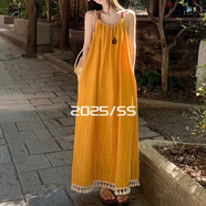 巧丂法式流蘇褶皺吊帶連衣裙女夏季海邊度假寬松休閑沙灘長(cháng)裙 杏黃色 S