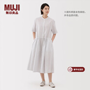 MUJI女式 漢麻 棉 短袖連衣裙 女裝裙子25年夏季寬松透氣長(cháng)裙BC2MJC5S 米白色條紋 S （155/80A）