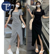PMOG女裝新款2025年遮肚子赫本風(fēng)收腰顯瘦連衣裙女不規則方領(lǐng)小黑裙子 黑色 L[建議105-115斤]