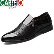 卡帝樂(lè )鱷魚(yú)（CARTELO）四季新款男士商務(wù)皮鞋套腳涼鞋鏤空單鞋透氣婚鞋 黑色打孔 42