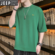 JEEP SPIRIT男士七分袖t恤2023夏裝中袖新款圓領(lǐng)七分袖刺繡寬松百搭半袖體恤 659綠色  M