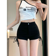 色短褲女夏外穿2024新款韓版高腰臀彈力百搭辣妹風(fēng)系帶熱褲黑 黑色 XS XS