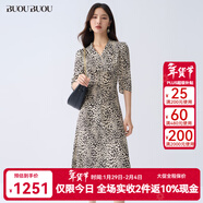 BUOUBUOU桑蠶絲混紡2025秋季新品商場(chǎng)同款七分袖豹紋印花連衣裙女BLFG253 米白W81 S