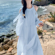 巧丂海邊度假連衣裙女夏季2025新款甜美溫柔風(fēng)法式氣質(zhì)絕美露肩沙灘裙 淺藍色 L 請參考詳情頁(yè)尺碼選擇