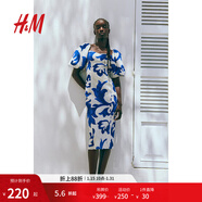 H&M女士花卉連衣裙秋季氣質(zhì)修身歐根紗五分袖燈籠袖連身裙1238363 白色/藍色圖案 170/116 XL