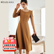 Olrain法式橘色長(cháng)袖連衣裙女春裝氣質(zhì)顯瘦復古方領(lǐng)正肩裙 橘色 M 160/84A