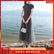 三彩2025秋季新款網(wǎng)紗半身裙松緊腰A字裙浪漫長(cháng)裙優(yōu)雅M 寂靜灰 M 160/68A