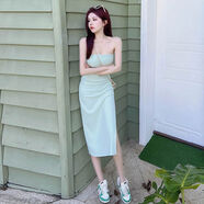法式裹胸連身裙抹胸裙子絕美禮服包臀修身開(kāi)叉性感氣質(zhì)洋裝女夏 薄荷綠 S S
