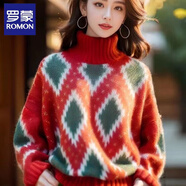 羅蒙（ROMON）圓領(lǐng)針織衫女裝2026秋季新款小香風(fēng)加厚毛衣女打底衫紅色上衣女 高領(lǐng)紅色 均碼 建議80-140斤