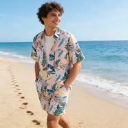MOLOON男士泳衣短袖花襯衫沙灘服三亞夏威夷風(fēng)旅游度假情侶夏季薄款套裝 套裝A款（襯衫+短褲） XL （建議125-145斤）