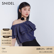SNIDEL春夏氣質(zhì)斜領(lǐng)吊帶露肩荷葉邊襯衫上衣SWFB241306 牛仔藍 均碼 （F）