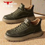 公牛世家（G.N.Shi Jia）男鞋2025秋季新款牛皮復古中高幫板鞋男士休閑厚底馬丁靴 黑墨綠 41