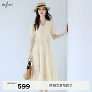 伊芙麗（eifini）伊芙麗精致花邊拼接設計感收腰長(cháng)款公主裙仙女連衣裙2025春季新款 米黃 M