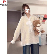 皮爾卡丹（pierre cardin）韓國蕾絲拼接v領(lǐng)秋日女性長(cháng)袖毛衣，慵懶風(fēng)格，小眾，寬松，修身 杏色 S 建議70-95斤