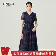 深呼吸DEEP BREATH女裝法式V領(lǐng)網(wǎng)紗彈力松緊腰印花連衣裙A500294 藍花 XL (5)