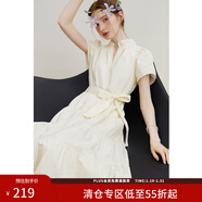 范思藍恩23FS12694韓系氣質(zhì)綁帶蛋糕裙女夏新款木耳邊連衣裙 米色 XS