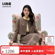 LIME【明星同款】朗姿/萊茵千金風(fēng)輕奢羊毛花呢手工胸花高腰半裙套裝 棕色上衣 S