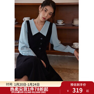 獨束大碼女裝假兩件撞色襯衫領(lǐng)連衣裙女秋冬微胖mm文藝復古穿搭裙子 墨染黑【適合165左右】 4XL