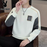 花花公子（PLAYBOY）衛衣男士圓領(lǐng)打底衫秋冬季新款潮流拼色長(cháng)袖T恤男加絨保暖上衣服 A06米白色 M 90-110斤