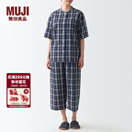MUJI女式 無(wú)側縫泡泡紗短袖睡衣女士家居服套裝夏季純棉全棉 FDB04C2S 藏青色×圖案 S