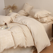 俞兆林（YUZHAOLIN）色織提花棉麻學(xué)生四件套 簡(jiǎn)約純色舒適柔軟宿舍家居被套用品 系帶-風(fēng)吟 2.0m四件套 床單款 （被套220*220cm）