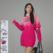 CHUU漸變印花連衣裙女冬季新款半開(kāi)領(lǐng)鏤空松緊腰a字短裙子 玫粉 均碼