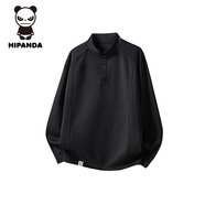 HIPANDA亨利領(lǐng)長(cháng)袖T恤男款2026春季美式復古寬松休閑內搭打底衫 黑色 【官方正品】 L 建議體重95-110斤