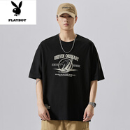 花花公子（PLAYBOY）短袖男2026夏季新款美式潮牌字母印花休閑體恤寬松潮流重磅T恤男 黑色 M