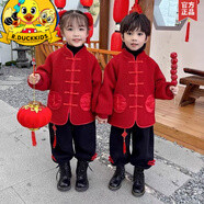 R.DUCKKIDS寶寶唐裝周歲禮服漢加絨加厚男童過(guò)年衣服套裝褲子冬裝兒童拜年服 紅色 圓袋新年套裝 100碼（建議兩歲半內28斤內）