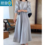 夏典素訂女王（SE.PSTP）加絨長(cháng)款衛衣連衣裙女圓領(lǐng)雙口袋收腰韓國新款chic秋冬簡(jiǎn)約A字裙 灰色 L